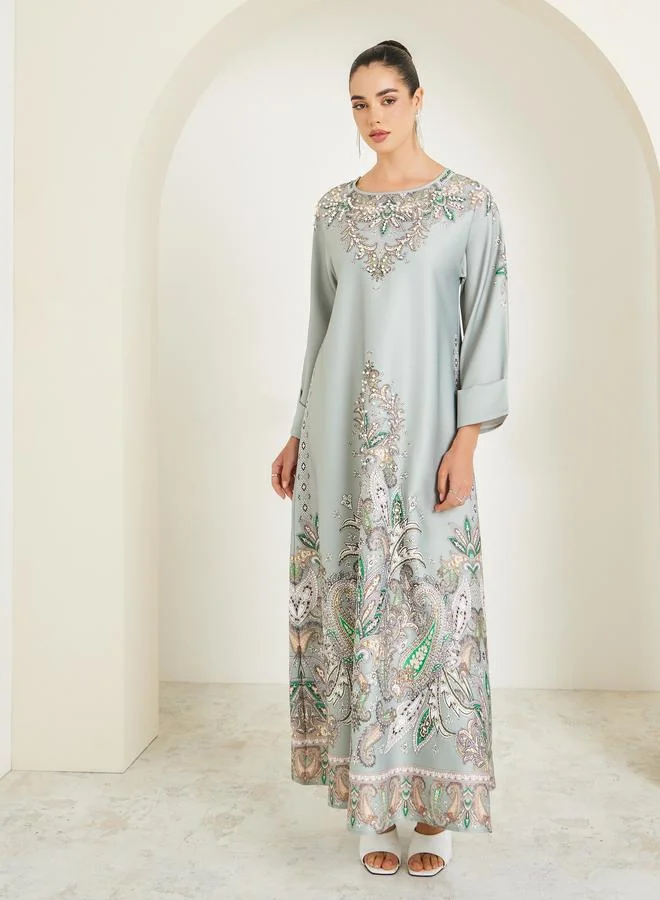 Amirah Women Green Embellished Long Sleeve Jalabiya